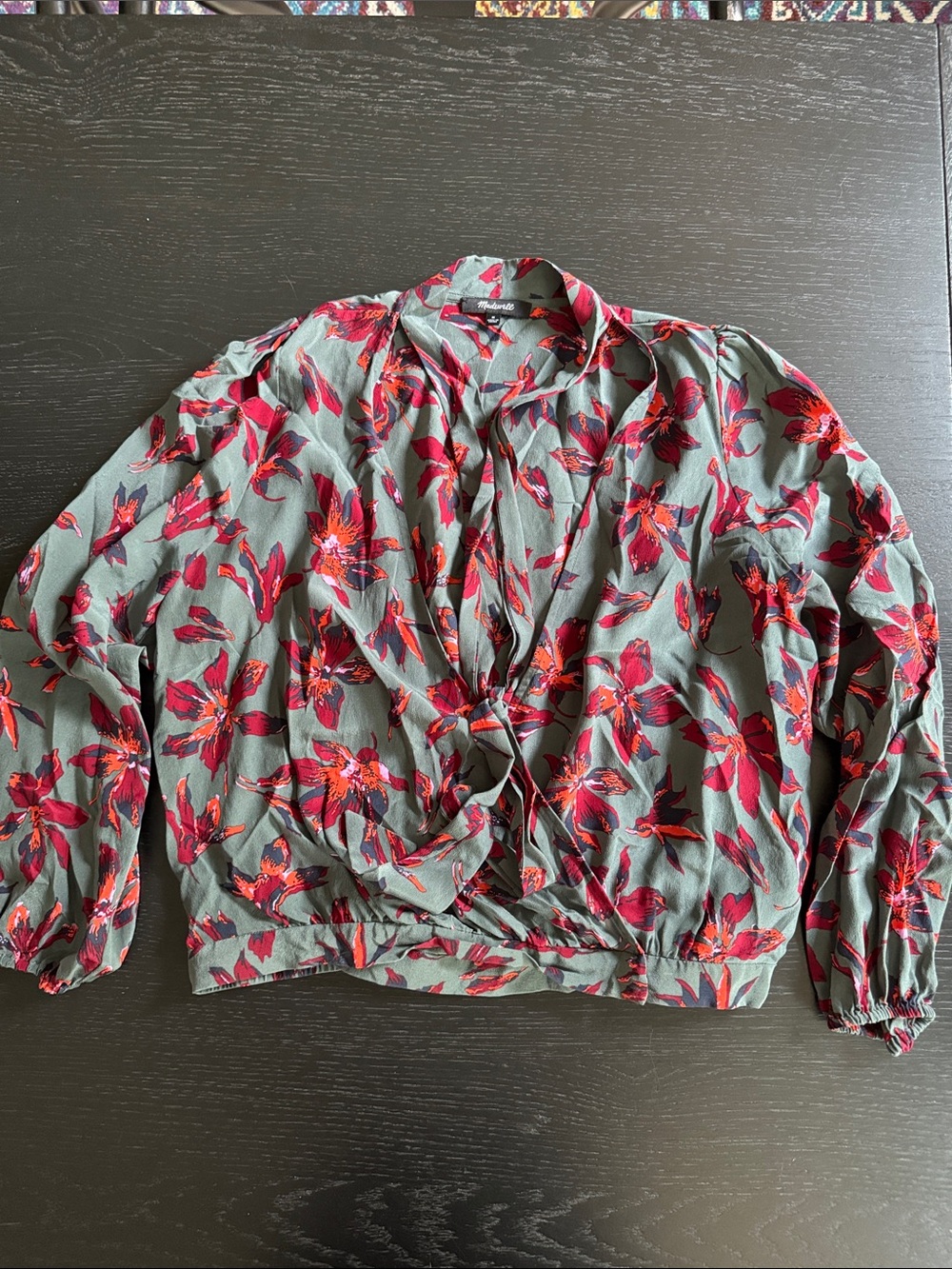 Madewell Olive Green Blouse with Red Floral Print